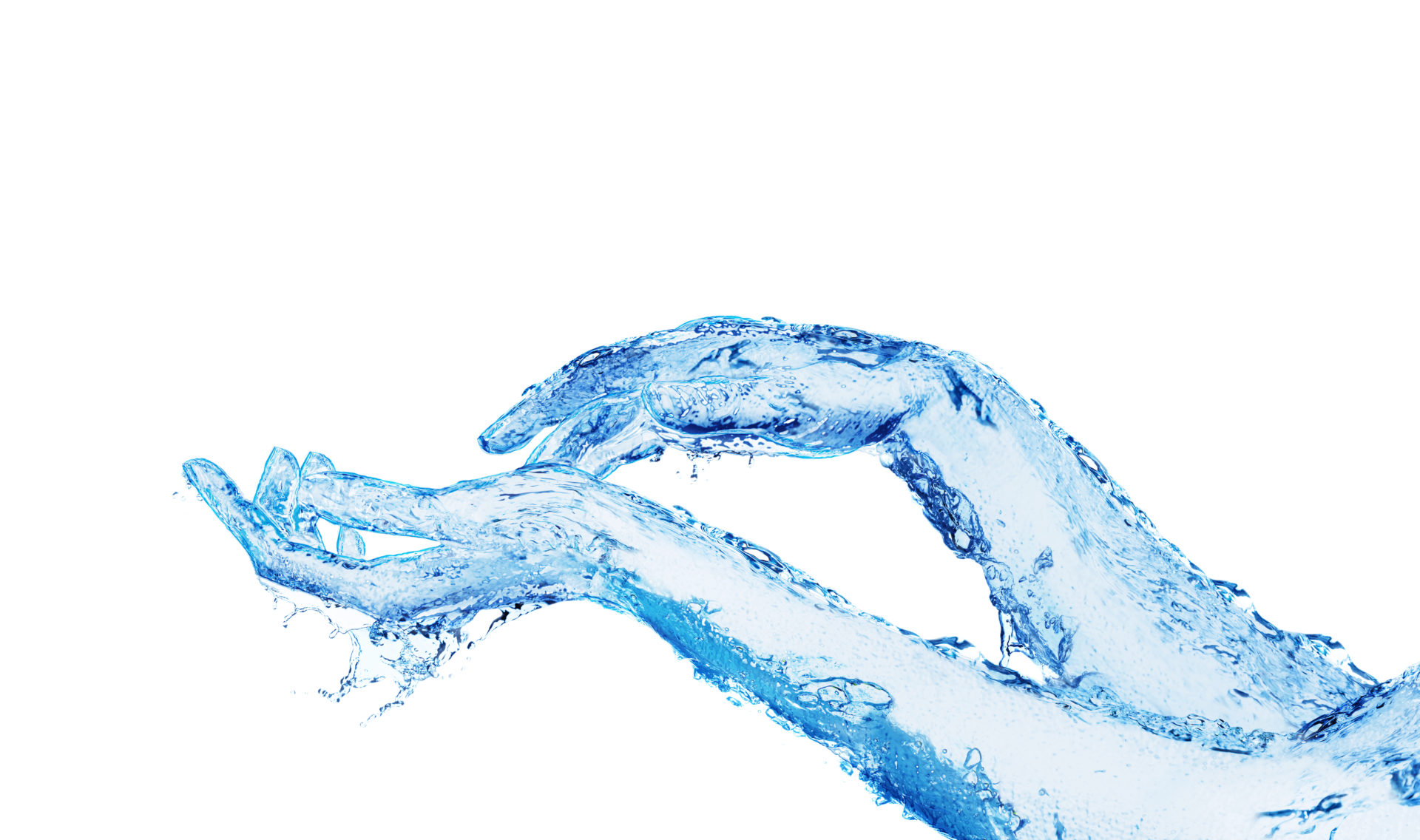 Two hands made of water touching on white